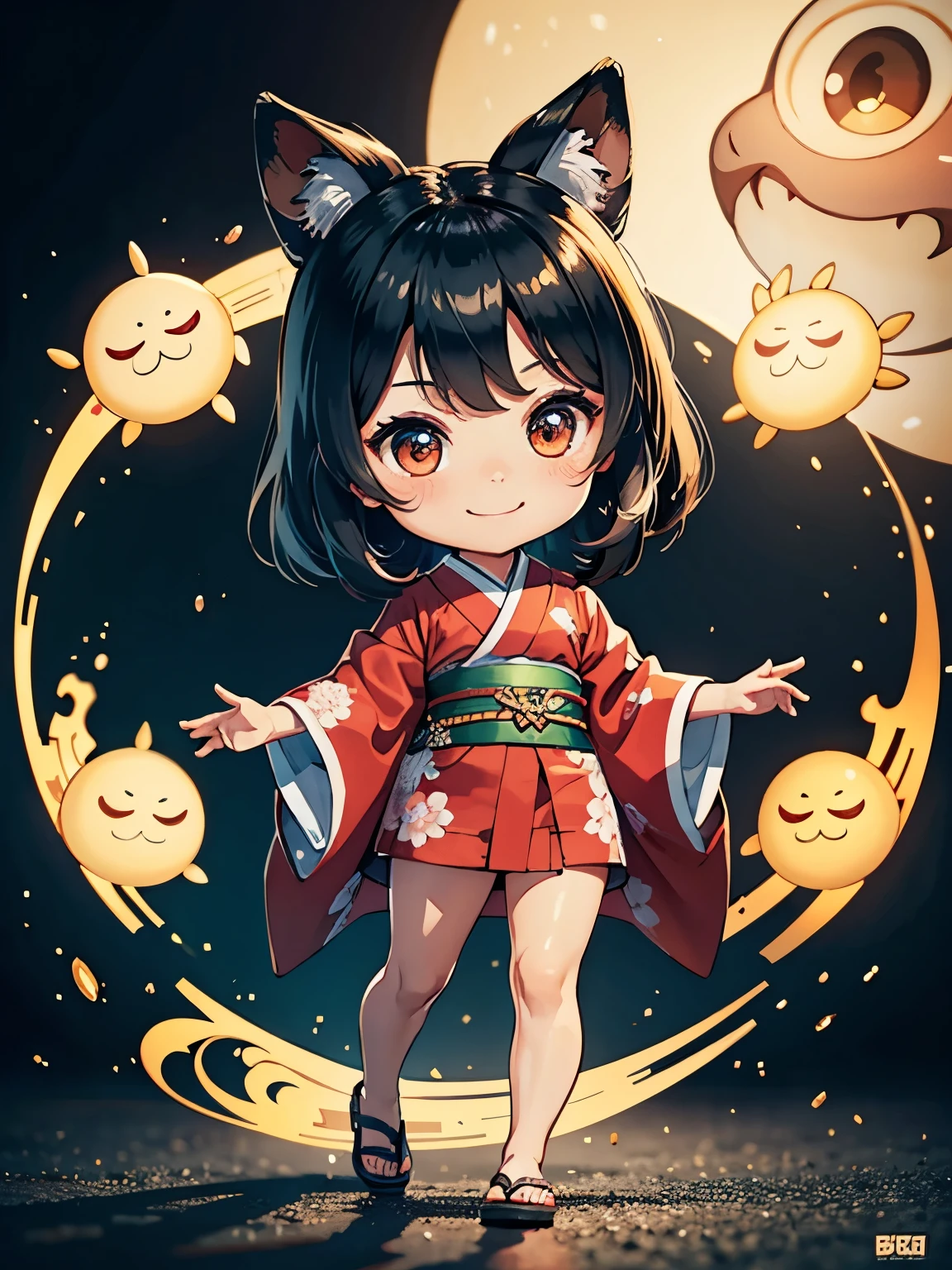  best quality,  high definition , very detailed, Anatomical, Exact ratio, 、very ，Chibi，, Round face, smile,  HEALTHY SKIN,  glowing skin,  glowing skin,  black hair,   full body shot , Short kimono，