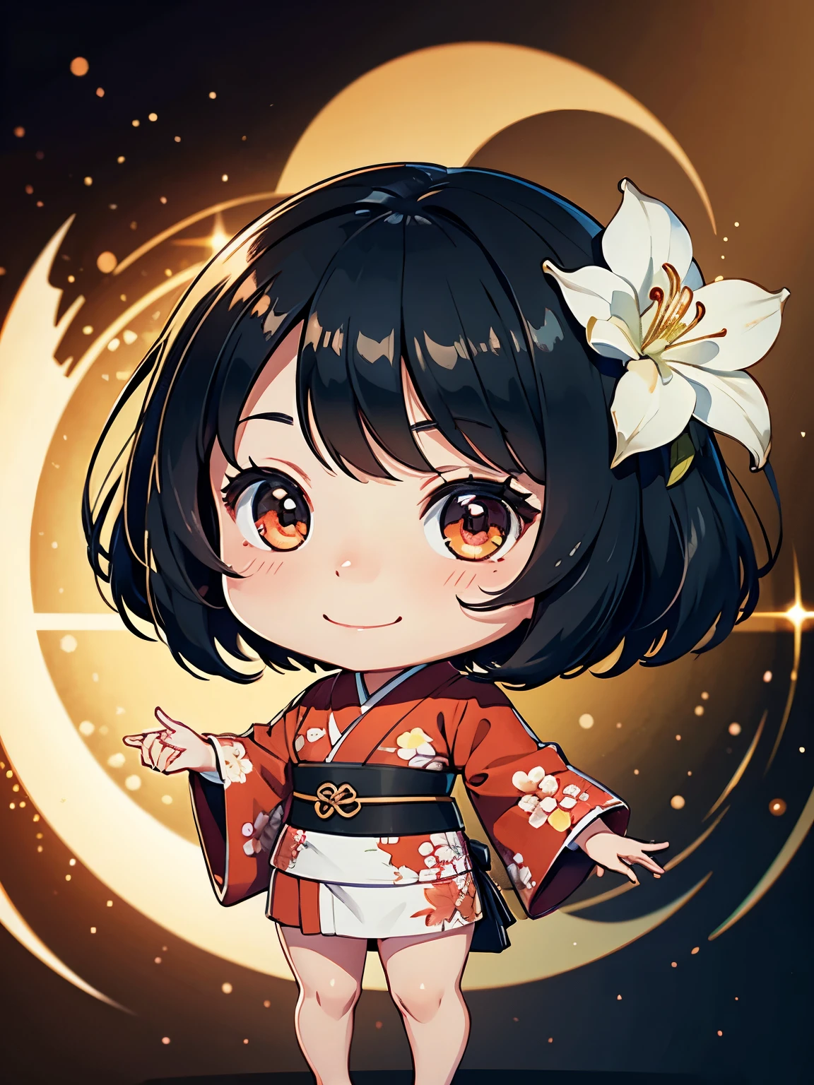  best quality,  high definition , very detailed, Anatomical, Exact ratio, 、very ，Chibi，, Round face, smile,  HEALTHY SKIN,  glowing skin,  glowing skin,  black hair,   full body shot , Short kimono，