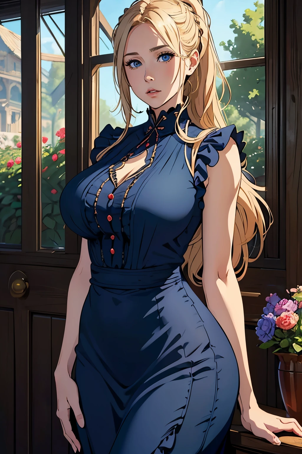 Beautiful Farmer with Braids. ((        BLONDE WOMAN, very straight hair,   young woman,     mature milf's face,     ponytail   , tall woman)), Perfectly round face. cute and pretty face, big lips, beautiful and voluptuous    , enchanting beauty, ((gentle expression on his face)), ((Beautiful big,    detailed blue eyes   )),  thin waist, long legs (( Dark blue dress with ruffles,     mature adult woman    , adult milf face, capa longa, farmer dress)) (  sniper  )),official art, Award-winning digital painting,     digital illustration  ,     extreme details    , 4K, Ultra HD, rococo, polished, intricate, Realistic fantasy art, sharp focus,     conceptual artwork, arte por wlop, germ of art, (2D vector illustration) light, airy,    hourglass figure   . ellie bamber
