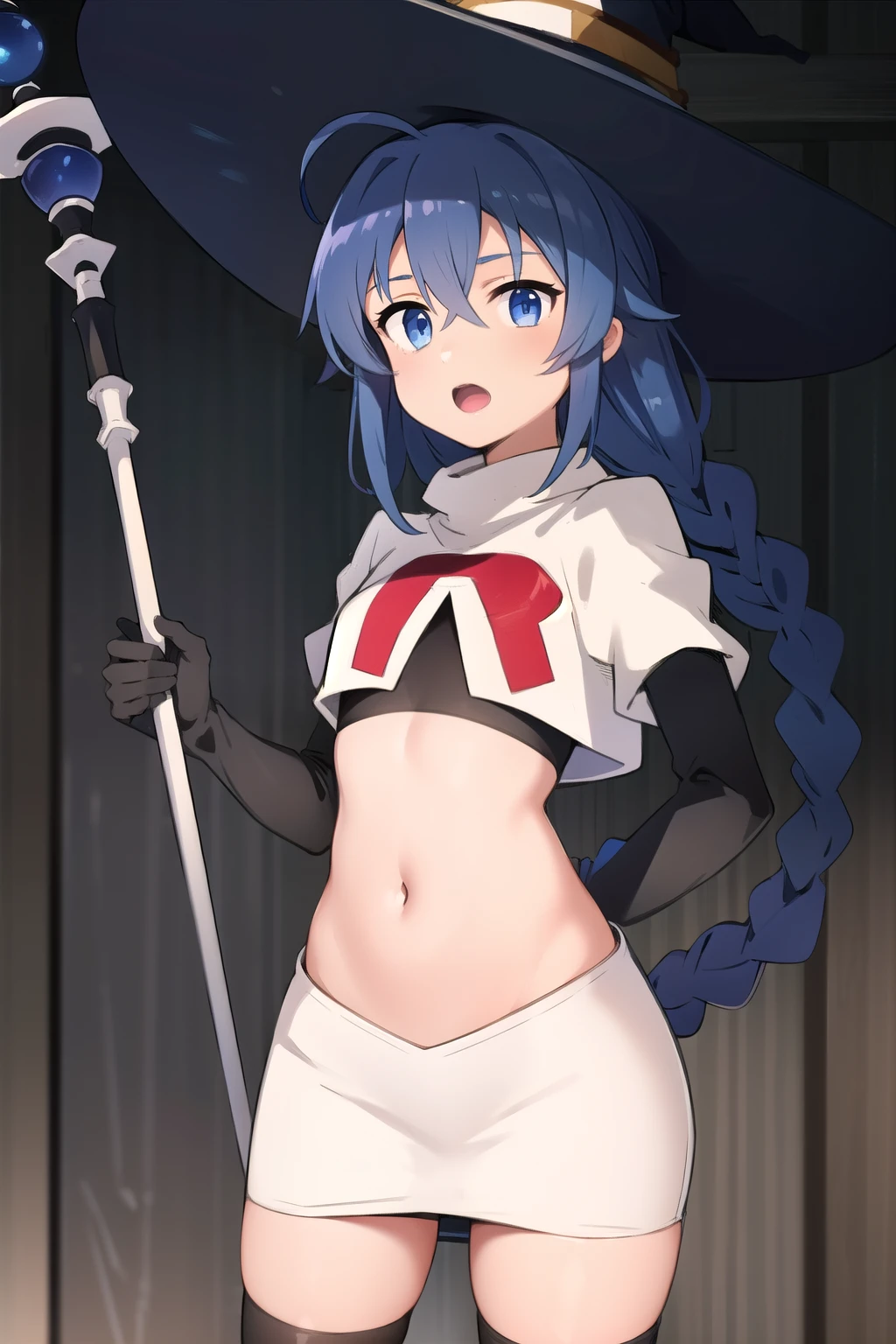 1girl, solo, roxy migurdia, blue hair, long hair, low twin braids, hair ribbon, hair between eyes, ahoge, blue eyes, small breasts, witch hat, team rocket,team rocket uniform,white skirt,red letter R,crop top,black thigh-highs,black elbow gloves, holding staff, looking at viewer, 