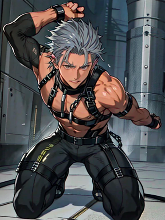 Kneeling　 raises arms　Gray Hair　 I'm thin　 is opening　My eyes are slightly open　Boy in black tights all over　 serious expressions　 gray eyes　Cat Eyes　Boy in rubber Germany all over his body 　 electricity is running all over his body　 chains　Long back hair