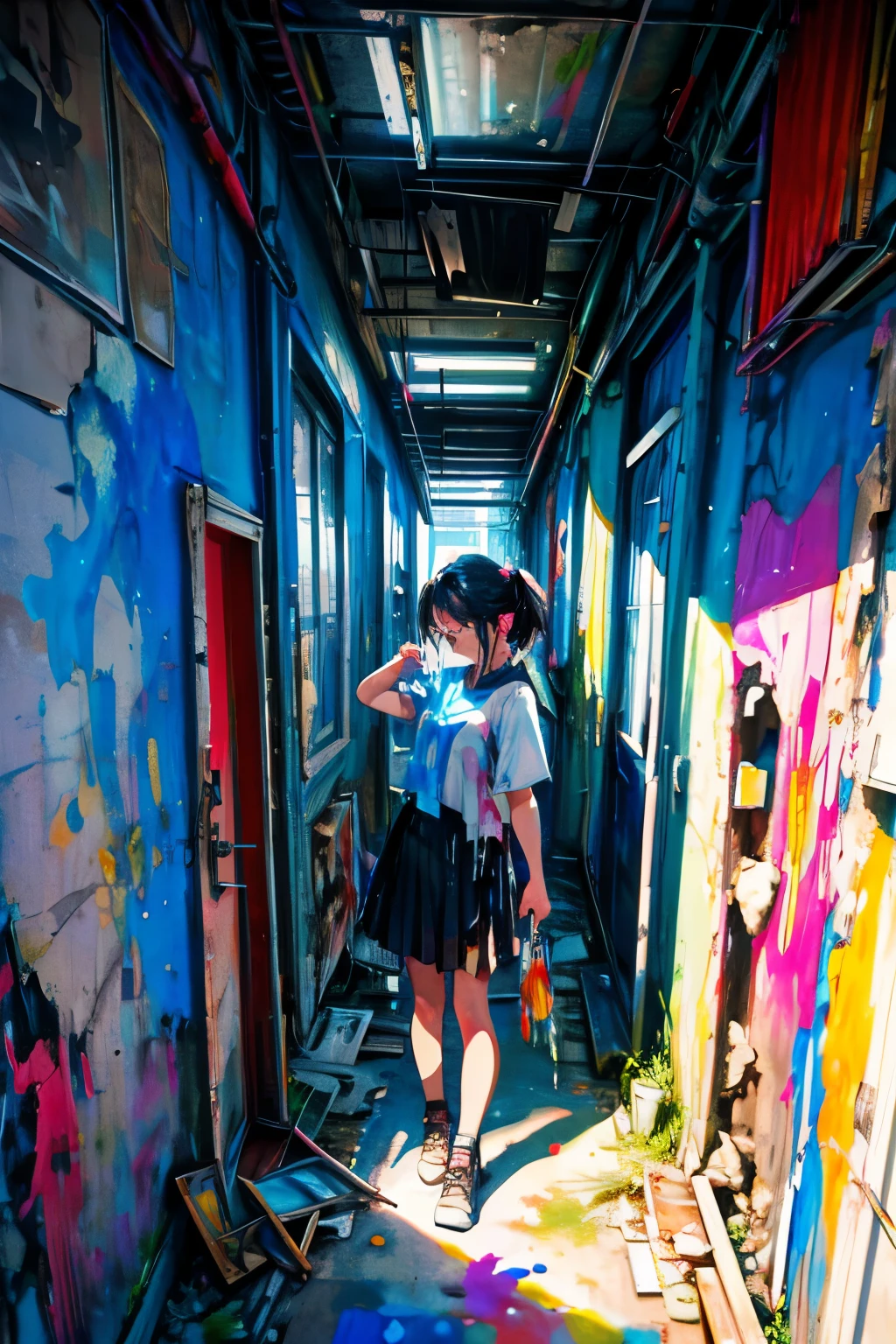 1girl,solo,cool,shirt and skirt,art student,she has a brush,she is painting the wall,big paint,paint the whole wall,colorful,dynamic,intense,wild,crazy,dirty,in Derelict building