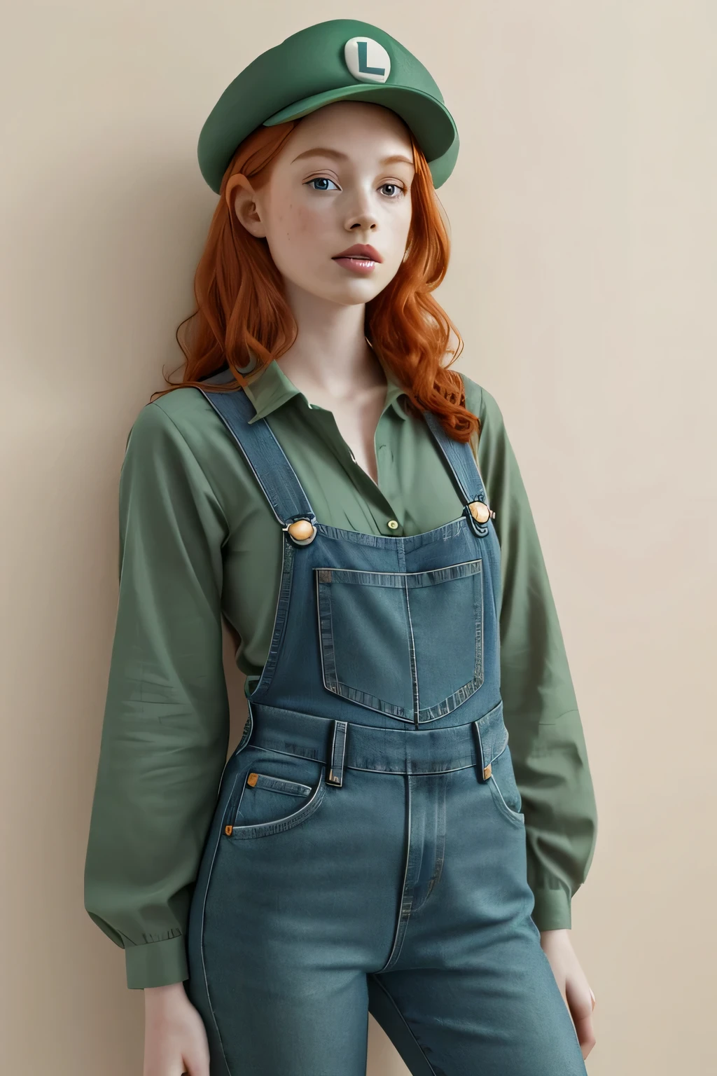 1girl in, age21, Madelaine Petsch, photo of perfect woman, 5'3", Solo, Aesthetic artwork, (irish  redhead, wavy ginger hair, shoulder length ginger hair:1.25), (some small freckles, pale skin, small breasts, B-cup, runners body, very thin waist, skinny, petite, detailed skin texture), (blank background, plain background, blank wall, (wearing an Green long sleeve shirt, emerald green shirt, blue denim overalls, green painters cap, female super Mario Luigi, gender swap Luigi cosplay), (extremely detailed 8k wallpaper), soft lighting, high quality, film grain, Fujifilm XT3 sharp focus, f 5.6, 50mm, High Detail, Sharp focus,(natural light), crazy details, complex details, hyper detailed