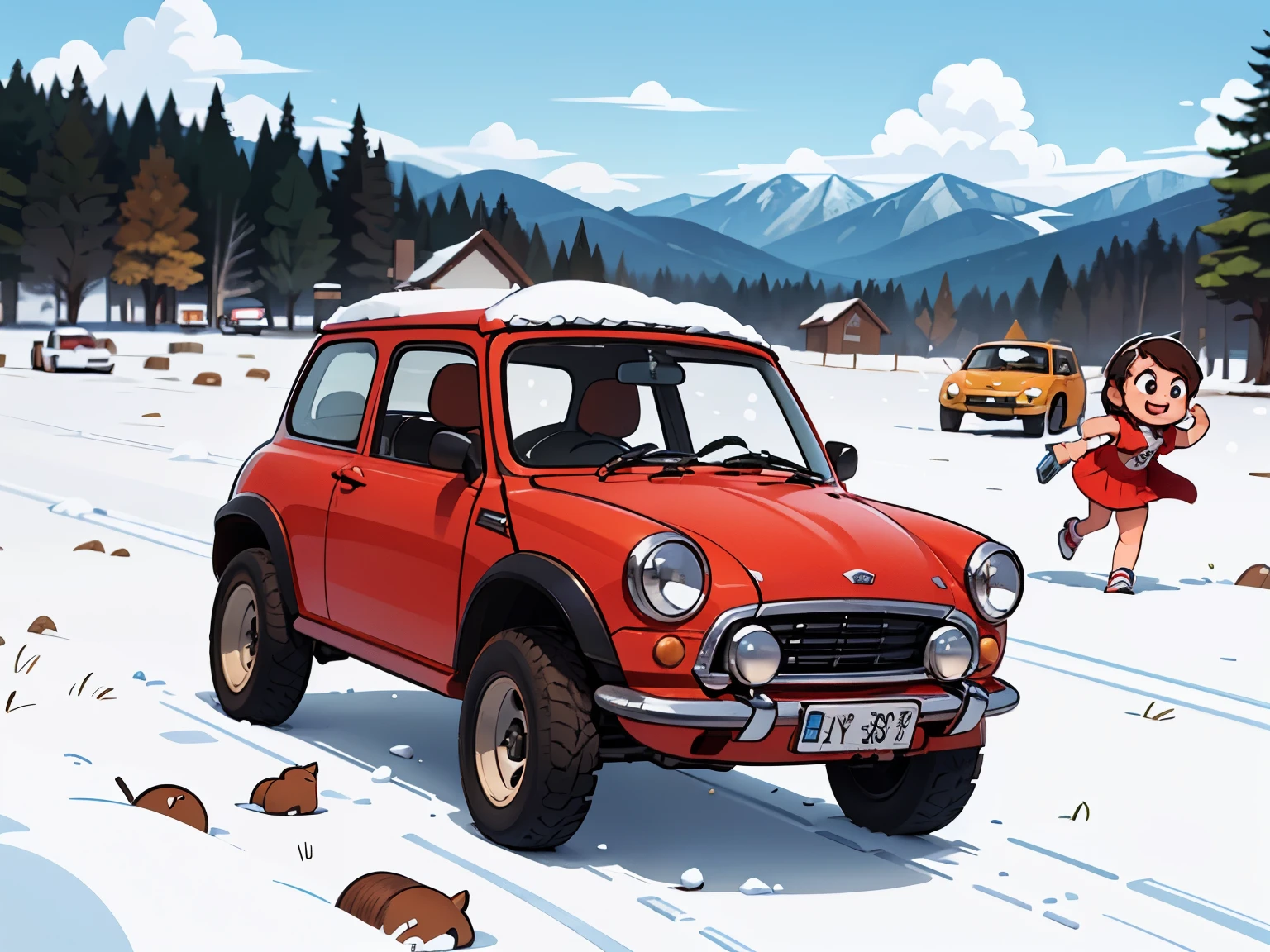 Octane rendering、( HYPER DETAILS : 1.2)、(Soft light、sharp: 1.2)、morning、Snow trails、Snow trails， very small old red modified mini car rally car，Front spoiler，Rear wing，Over fender，Very short dress、Cute young girl，Driving a car，Dynamic Driving Experience，winter，winter Rally，Fast and Agile，Jump， sneakers， anatomically accurate ，Laughter， dazzling light ，It will happen:1.2，Tamiya box art:1.2，