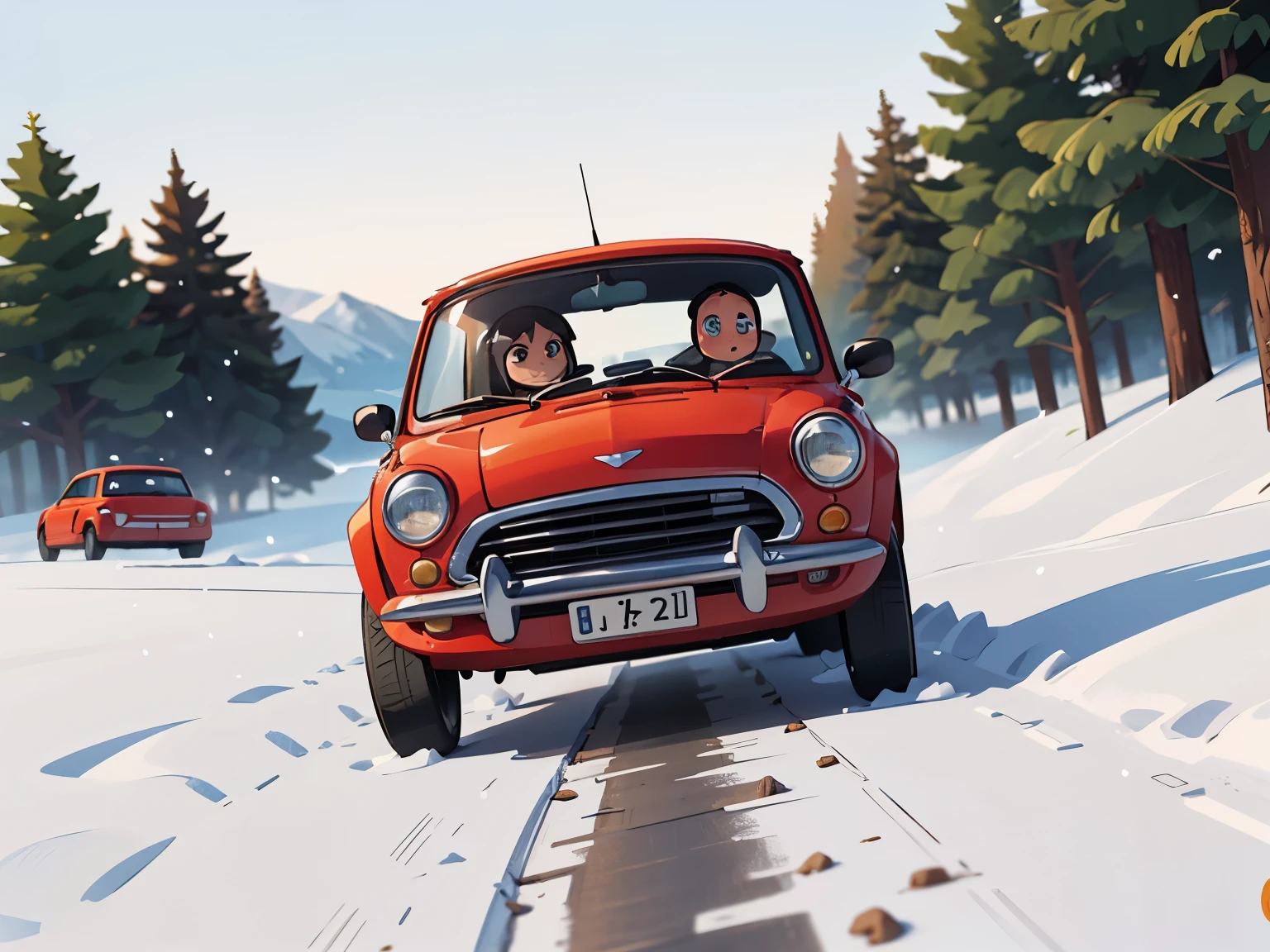 Octane rendering、( HYPER DETAILS : 1.2)、(Soft light、sharp: 1.2)、morning、Snow trails、Snow trails， very small old red modified mini car rally car，Front spoiler，Rear wing，Over fender，Very short dress、Cute young girl，Driving a car，Dynamic Driving Experience，winter，winter Rally，Fast and Agile，Jump， sneakers， anatomically accurate ，Laughter， dazzling light ，It will happen:1.2，Tamiya box art:1.2，