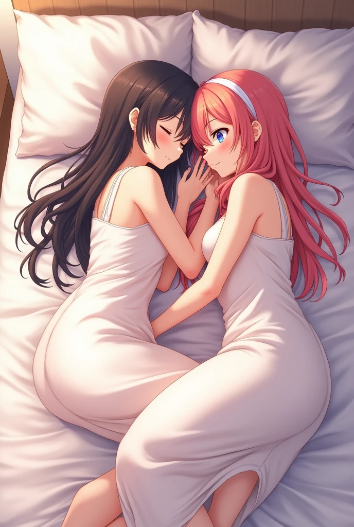 Two 25 year old girls, hug,a bed,colors white details light red..