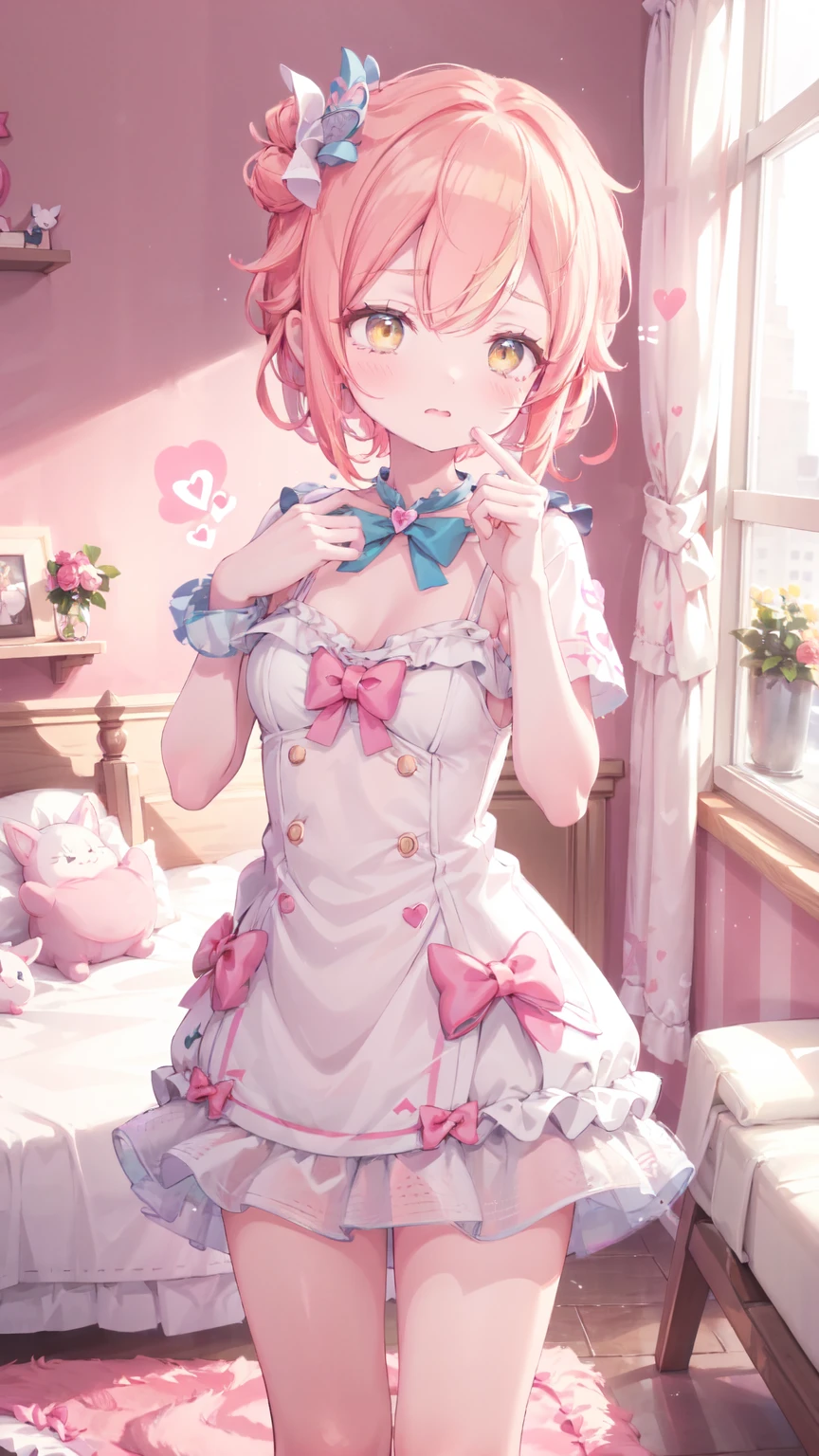 sunlight, パステルカラー, パステルカラー, bare arms, blush, blush, thighs, pink room, happy:2.0, joyful, excited, pink room, pink wall, pillow, orange hair, yellow eyes, shy,,, nursery, pink room, bedroom, animal print:4.0, bed, wiping tears:2.0,, sylveon:3.0,  pink, solo, bangs, blush, thick lips, heart:10.0, flat chest:20.0, chubby:50.0, fat:16.0, ( pink kawaii room )),,((pink gothic room)),(((, Marchen, heart item,star item, small window))), sad:20.0, short hair, chubby, lose-up,, scrunchie, standing, dress, large breasts, cleavage