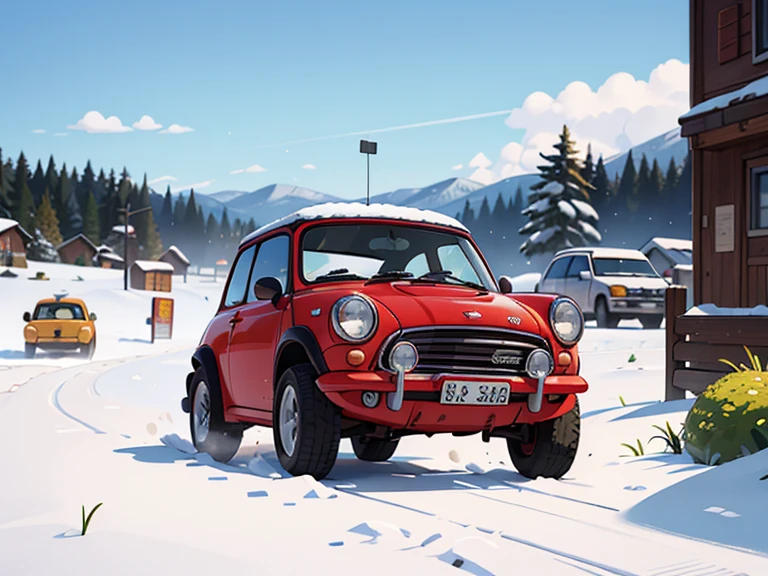 Octane rendering、( HYPER DETAILS : 1.2)、(Soft light、sharp: 1.2)、morning、Snow trails、Snow trails， very small old red modified mini car rally car，Front spoiler，Rear wing，Over fender，Very short dress、Cute young girl，Driving a car，Dynamic Driving Experience，winter，winter Rally，Fast and Agile，Jump， sneakers， anatomically accurate ，Laughter， dazzling light ，It will happen:1.2，Tamiya box art:1.2，