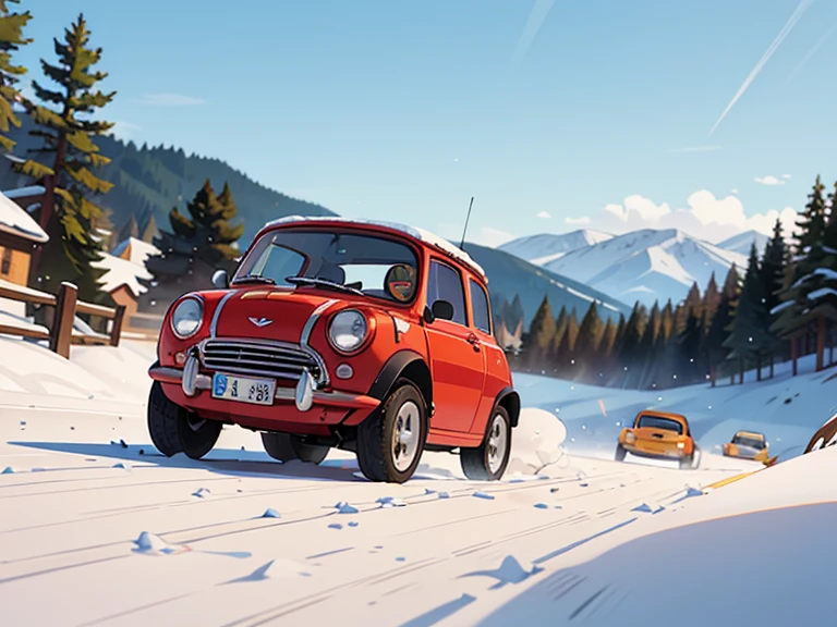 Octane rendering、( HYPER DETAILS : 1.2)、(Soft light、sharp: 1.2)、morning、Snow trails、Snow trails， very small old red modified mini car rally car，Front spoiler，Rear wing，Over fender，Very short dress、Cute young girl，Driving a car，Dynamic Driving Experience，winter，winter Rally，Fast and Agile，Jump， sneakers， anatomically accurate ，Laughter， dazzling light ，It will happen:1.2，Tamiya box art:1.2，