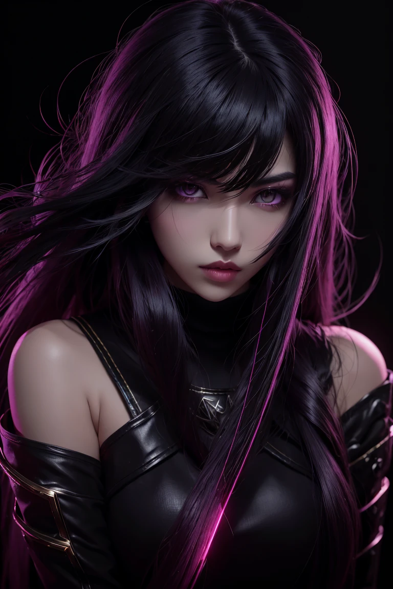 1girl, akali, kda, akali league of legends, star eye, blush, perfect illumination, black hair, red eyes, unreal engine, sidelighting, detailed face, bangs, bright skin, simple background, dark background, purple light rim