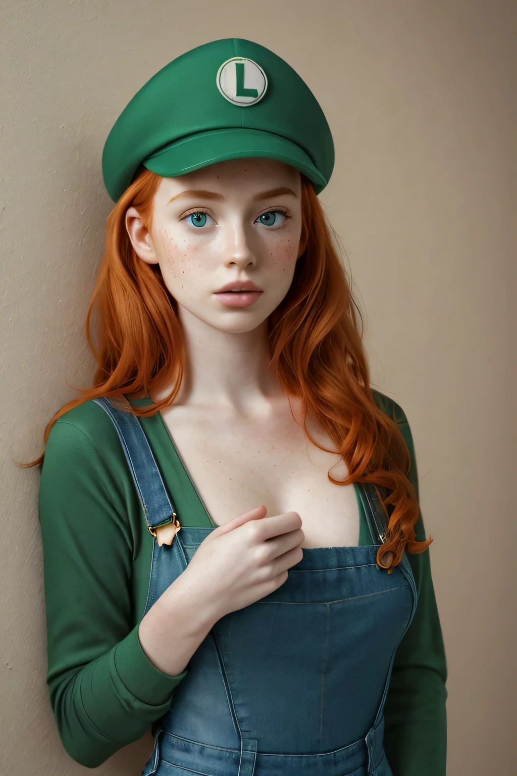 1girl in, age21, Madelaine Petsch, photo of perfect woman, 5'3", Solo, Aesthetic artwork, (irish  redhead, wavy ginger hair, shoulder length ginger hair:1.25), (some small freckles, pale skin, small breasts, B-cup, runners body, very thin waist, skinny, petite, detailed skin texture), (blank background, plain background, blank wall, (wearing an tight Green long sleeve shirt, v-neck emerald green shirt, blue denim overalls, green painters cap, female super Mario Luigi, gender swap Luigi cosplay), (extremely detailed 8k wallpaper), soft lighting, high quality, film grain, Fujifilm XT3 sharp focus, f 5.6, 50mm, High Detail, Sharp focus,(natural light), crazy details, complex details, hyper detailed