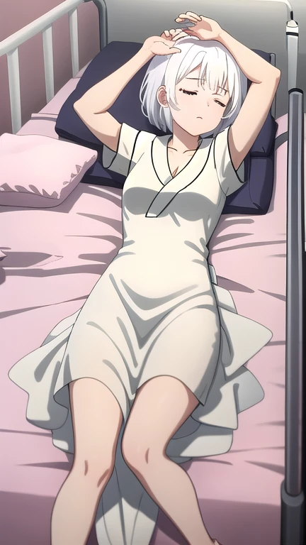 A girl with Madura zakura haruno hair lying on the bed, blushing, eyes closed, slender body, thin legs, full body shot, wearing sexy sleepwear, highly detailed, 8k, ultra-realistic, cinematic lighting, photorealistic, masterpiece