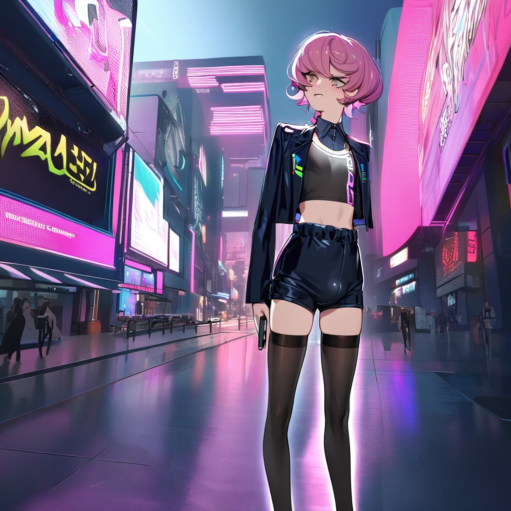 beautiful femboy, femboy, feminine male, crossdressing, Crossdressers, crossdressing male, flat chest, small bulge, cyberpunk, futuristic, CEO, Corporate, confident, high waisted shorts, suit top, thigh high socks, solo, high tech cellphone, calling, Anatomically Correct, Accurate, 