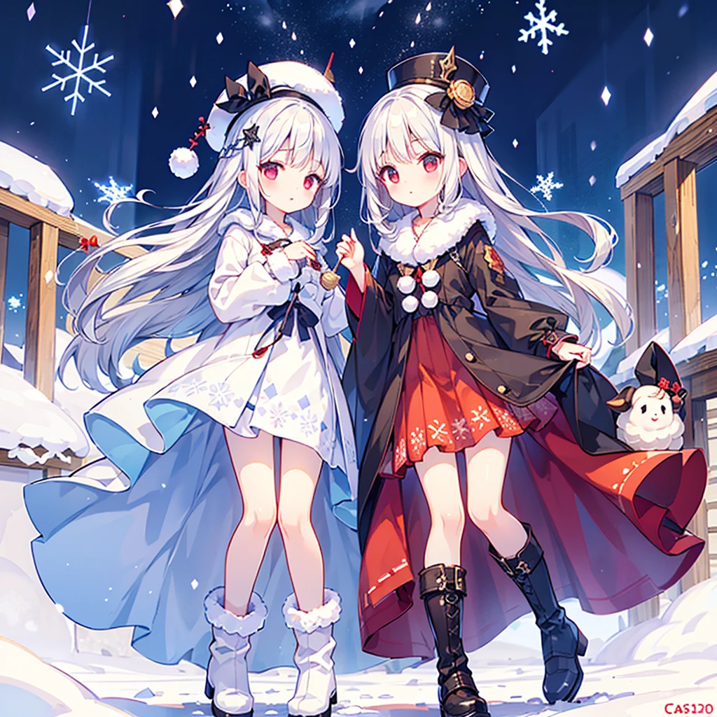 Masterpiece、Highest quality、Super detailed、1 girl、Gray Hair、Big Tits、Fluffy and soft long hair、Twin tails、Santa Girl、snow、Starry Sky、Christmas tree、Embarrassed face、underwear、Lace cape、Red Eyes