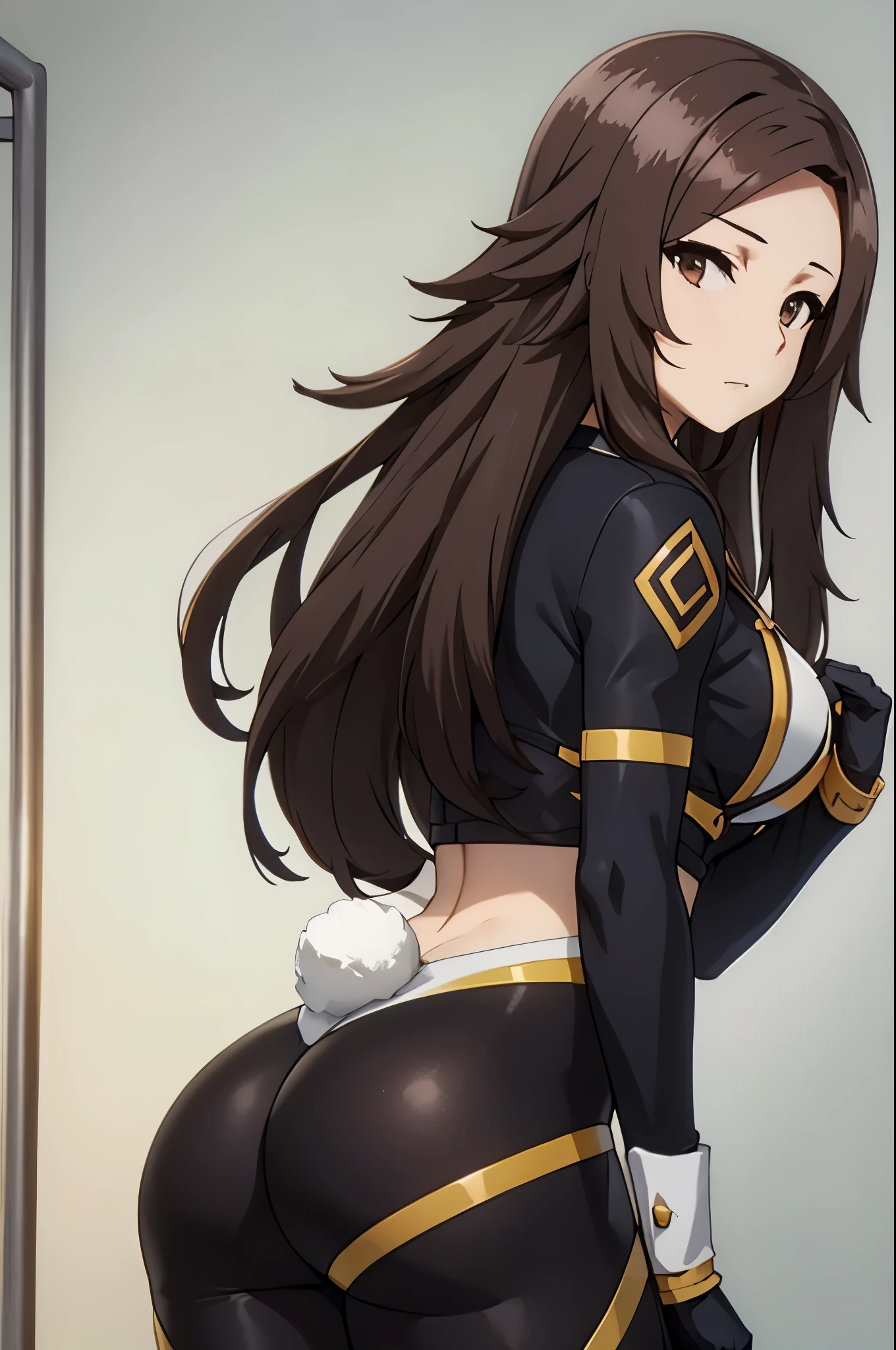  brown hair,  Brown Eyes , Long Hair,  Viewers, Alone,amount,masterpiece,  best quality, Realistic, Yujia suit , pants,  1 girl, Alone, abdomen, Long Hair, breast, bunny,Butt, Upper body exposed, lower body exposure 