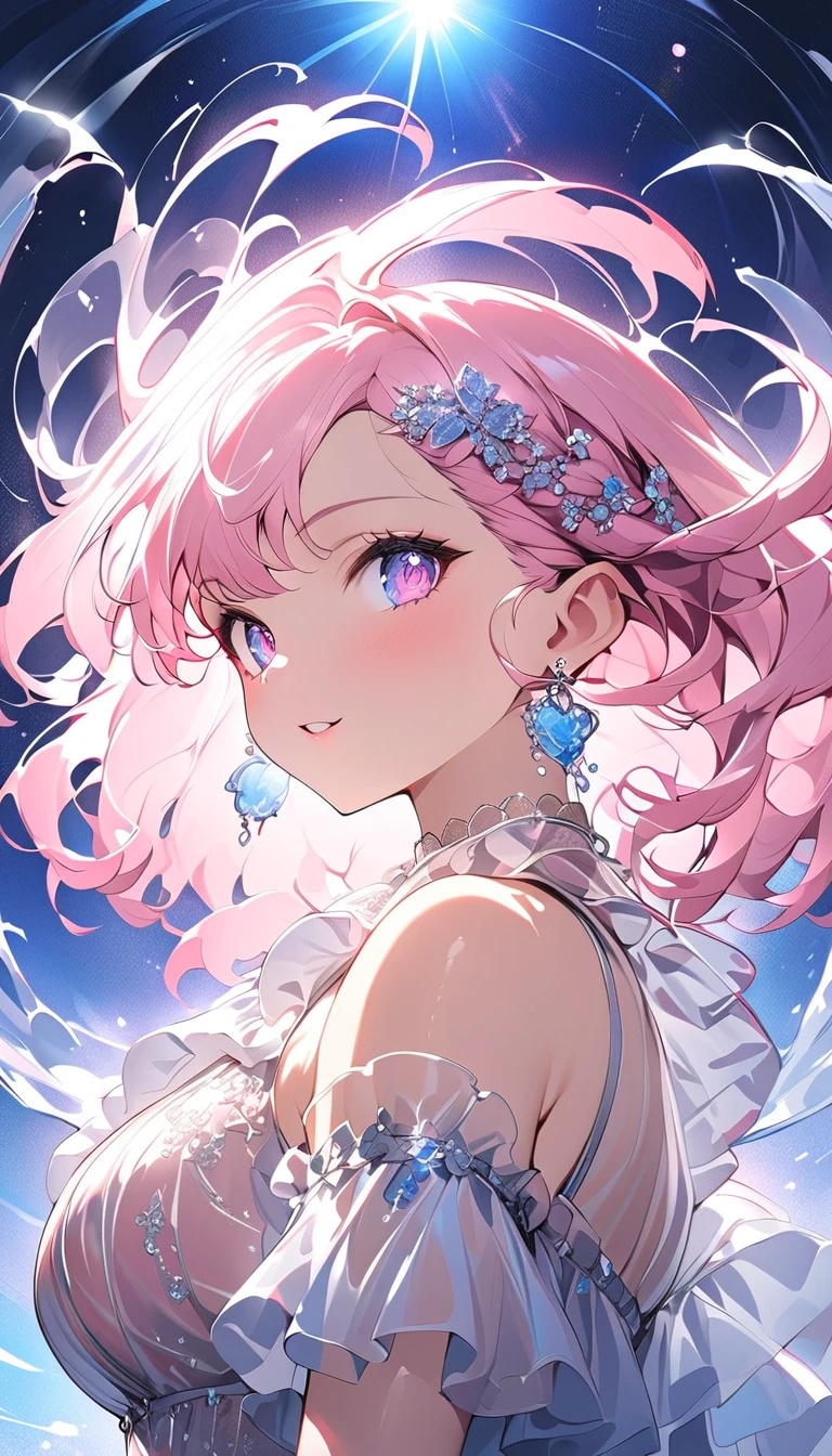 Highest quality, Highest quality, 16K, Unbelievably absurd, Very detailed, 2.5D, delicate and dynamic,A Kind World,evening,Fantasy,One Girl,18-year-old, Pink Hair,Side Up,one piece,sexy,smile,Cute,Upper Body