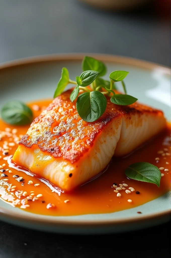 Pan-fried salmon with realistic passion fruit sauce