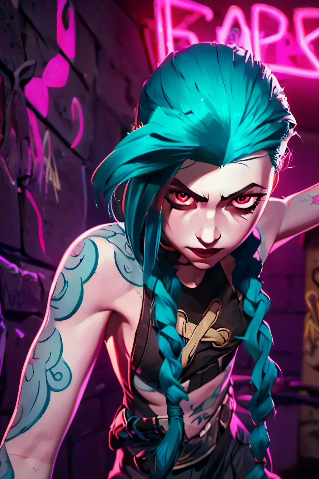 Hyper realistic super detailed Jinx (( )) , Very detailed, (hyper realistic: 1.4), in dynamic pose, an, twin braids, long hair, blue hair,( red eyes) , tattooed arm, arcane style. ((Grunge wall Neon grafitti background, cinematic lighting)).