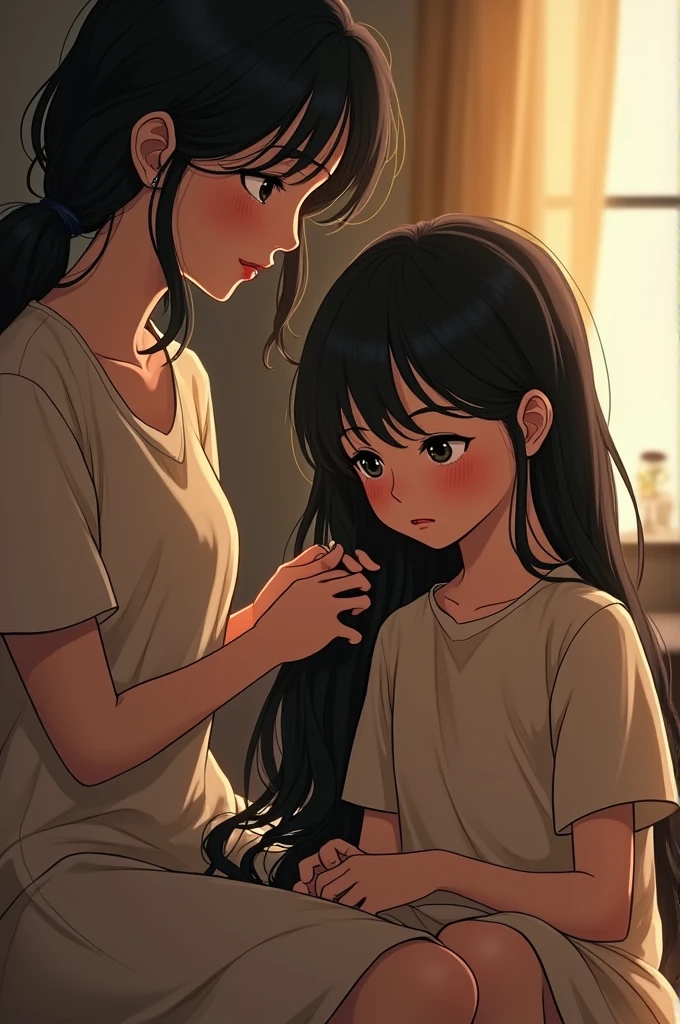 A 10 year girl is standing in front of her elder sister who in . She is joining her hands and requestng her not to tell anything to mom and instead give her punishment herself. Elder sister who is wearing a black t shhirt and a black short pant is sitting on a chair with hairbrush in her hand. The younger sister is wearing a white t shirt and a black hot pants 