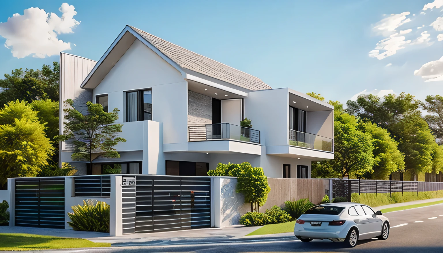 Masterpiece, high quality, best quality, authentic, super detail, outdoors, onestoreyvillaXL, aiaigroup, house style modern on the street ,stairs, white wall ,road,pavement, grass, trees, sky, cloud, (daylight:1.1)
