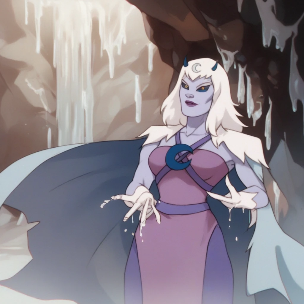 score_9, score_8_up, score_7_up, score_6_up, score_5_up, score_4_up, a girl in the frozen cave,  chilla, thundercats, cape, icicles, standing,  colored skin, white hair, long hair, solo,  black sclera, yellow eyes,  score_9, source_anime