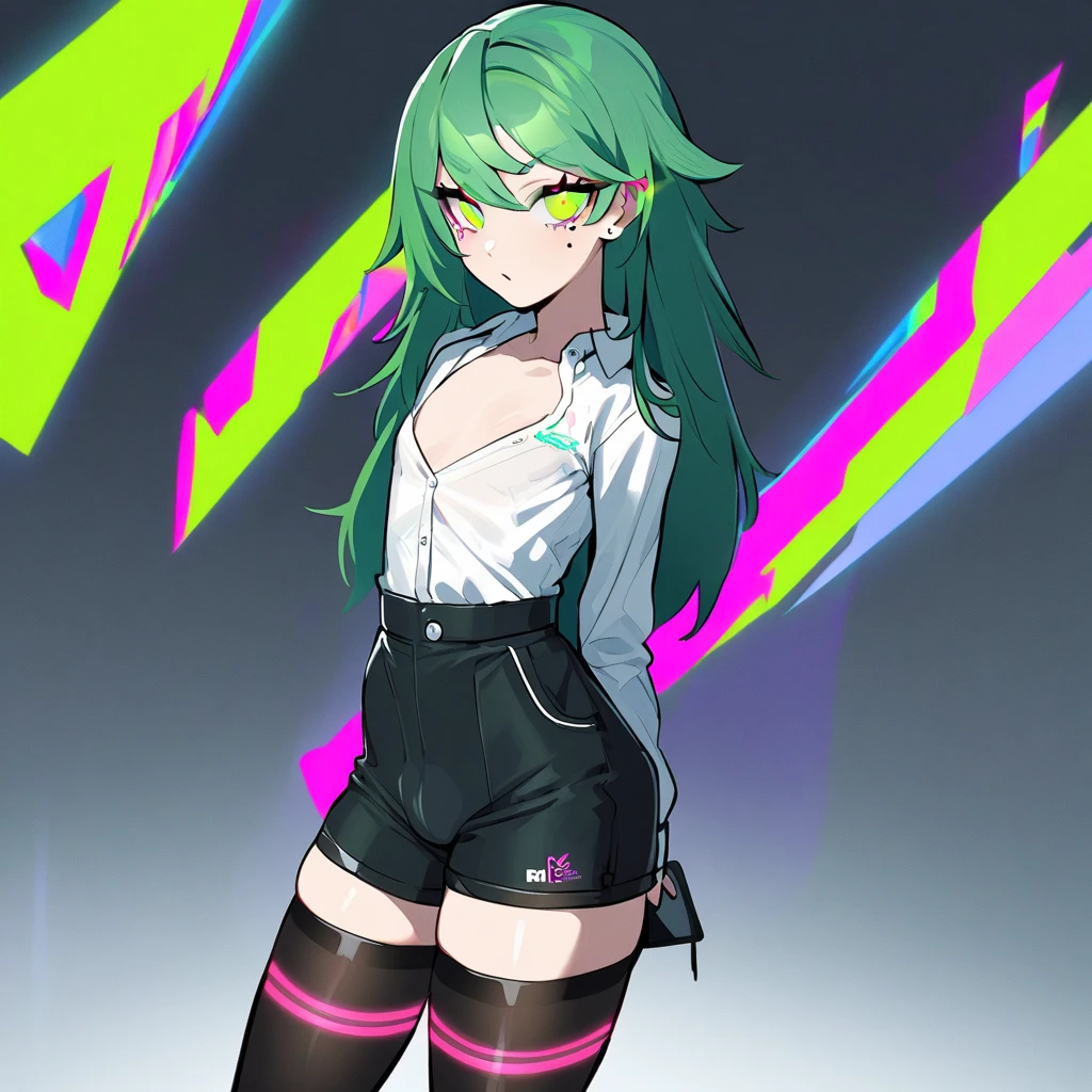 beautiful femboy, femboy, feminine male, crossdressing, Crossdressers, crossdressing male, flat chest, small bulge, cyberpunk, futuristic, CEO, Corporate, confident, high waisted shorts, suit top, thigh high socks, solo, smartphone, green hair, neon highlights, button-up shirt,