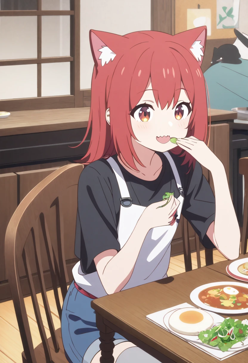  best quality、 one girl 、 small breasts、 red hair、femboy shark cat、BLACK SHOULDER SHIRT 、 shorts、 GREY KNEE SOCKS 、Inside the house、 wooden table and chairs 、 Bread, soup, and salad are on the table、 GIRL EATING BREAKFAST 、smile