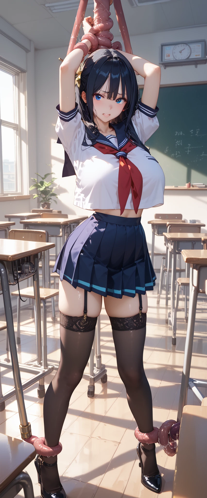 classroom, ((( sailor suit)))、 girl,  The Eyes That Seduce Viewers, Shine, Shine, masterpiece, The sweet taste of temptation, nice, masterpiece,  best quality,  Shadow, S-Core_9, S-Core_8_up, S-Core_7_up、(gigantic breast:1.1)、 black hair、(Big Eyes)、(skirt)、Small waist、(Very long legs)、 black stockings、(Breasts covered with clothes)、takeda hiromitsu style、 garter belt 、(Machine Tentacle Stationary Restraints)