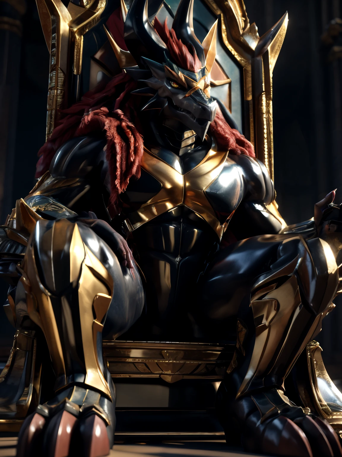 Batzz,Future Card Buddy fight,dragon,male,adult,4K,best quality,bare chest,proud,soft shadow,Majestic detailed face,High quality eyes,Yellow eyes,Red pupils,Grandiose,brave,mature, 3d model, highly realistic, glistening body, glossy, sitting on a throne, ((full body)), large feet