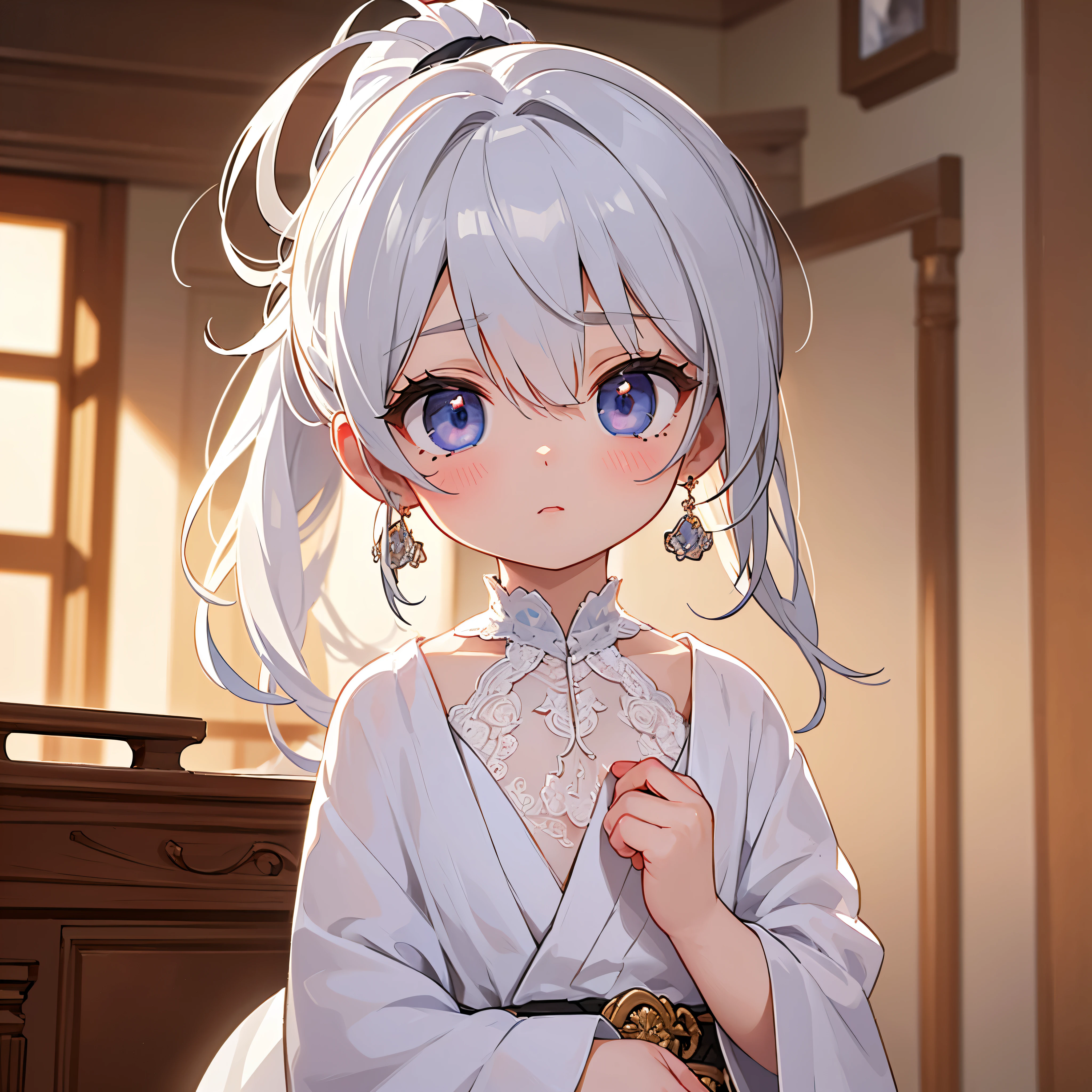 ( is the best quality, masterpiece:1.2),  Ultra HD,  actual , Headlights,  Intricate details ,  exquisite details and textures, 1 Girl,  alone ,(Young), Face highlighting,  upper body,  Detailed Facial, Tear mole, White skin, Silver Hair,  ponytail, Braiding,  looking at the audience,  big eyes, silk robe, (Hollow pattern, White, silk), earrings, Small Breasts,  slim figure , Deluxe Room, Professional lighting, Photon Mapping, Radiosity,  piercing Labret ,