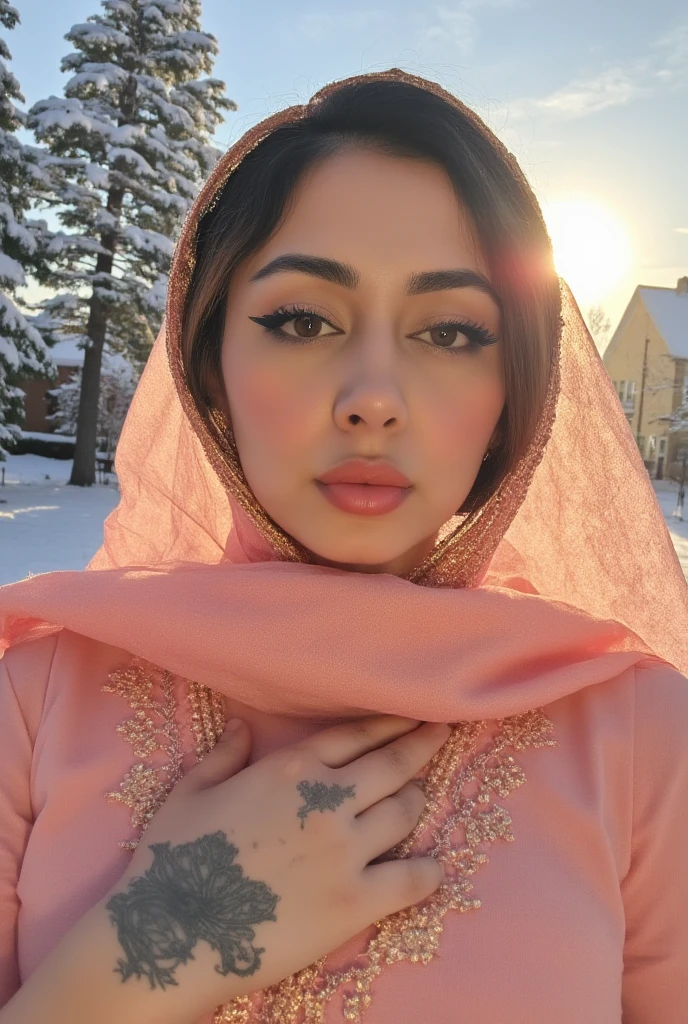 Pakistani hot ladki Yasmeen Khan 31 Sal Umra Badi Chhati Bade chuche Gajab Ka finger Khubsurat Rosto detalhado, belos olhos castanhos detalhados, beautiful detailed lips, long eyelashes, salwar kameez dupatta, snow falling from the sky, paisagem de inverno, ambiente aconchegante, warm lighting, flocos de neve macios, serene expression, delicate features, retrato realista, salwar kameez