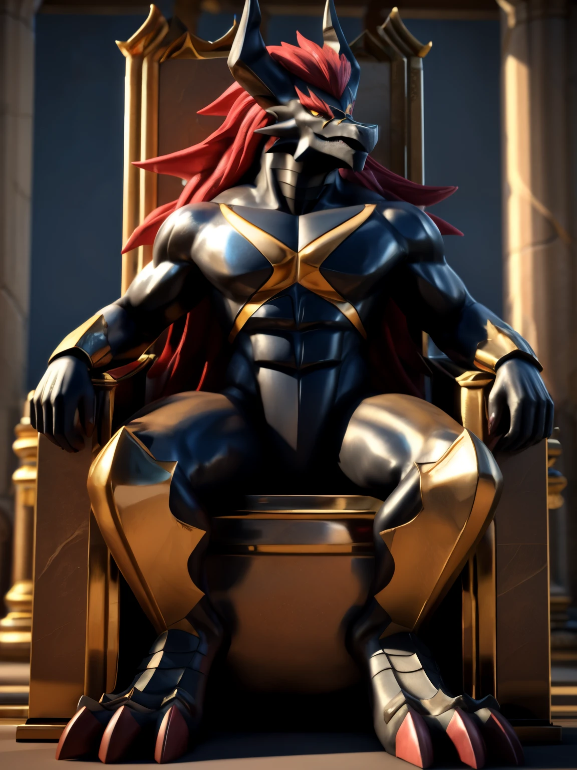 Batzz,Future Card Buddy fight,dragon,male,adult,4K,best quality,bare chest,proud,soft shadow,Majestic detailed face,High quality eyes,Yellow eyes,Red pupils,Grandiose,brave,mature, 3d model, highly realistic, glistening body, glossy, sitting on a throne, ((full body)), large feet