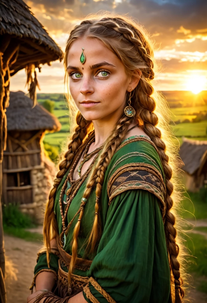 a nomad female, cute facd, wearing tribal clothes, in a medieval village, long braided honey hair, big round green eyes, magical atmosphere, warm lighting, mediwval fantasy style, sunset,  skyscape with clouds 