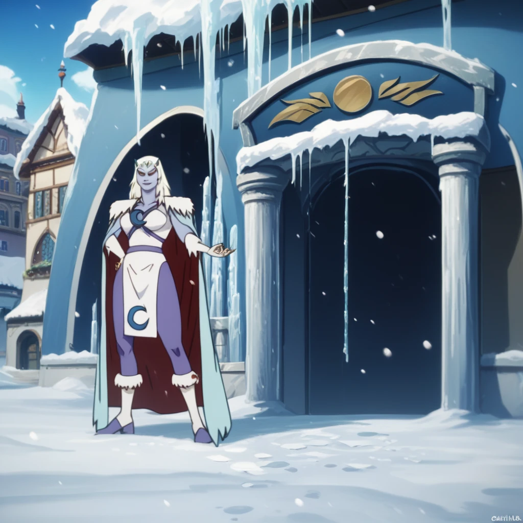 score_9, score_8_up, score_7_up, score_6_up, score_5_up, score_4_up, chilla, thundercats, icicles, standing, cape, smile, colored skin, white hair, long hair, solo, snow, city, black sclera, yellow eyes,  score_9, source_anime, Masterpiece, High Resolution, Best Quality, 