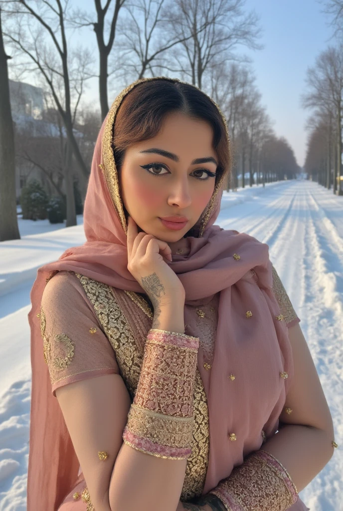 Pakistani hot ladki Yasmeen Khan 31 Sal Umra Badi Chhati Bade chuche Gajab Ka finger Khubsurat Rosto detalhado, belos olhos castanhos detalhados, beautiful detailed lips, long eyelashes, salwar kameez dupatta, snow falling from the sky, paisagem de inverno, ambiente aconchegante, warm lighting, flocos de neve macios, serene expression, delicate features, retrato realista, salwar kameez