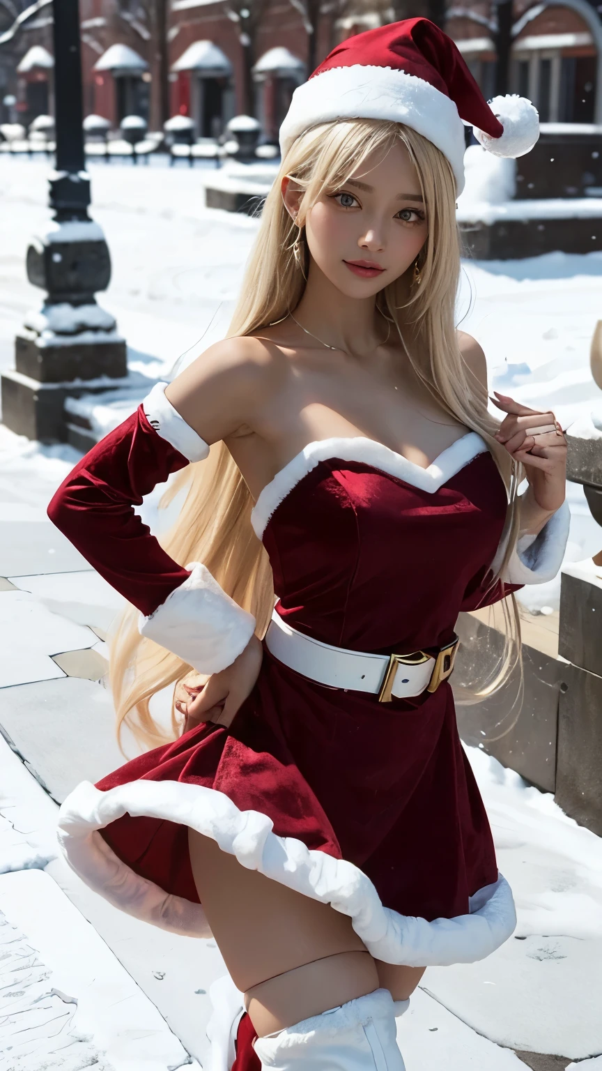 (masterpiece), (best quality), (detailed), light layer, 1solo girl, young girl, perfect body, blonde hair, defined chest, defined collarbone, ultra realistic, photorealistic, detailed, ,Enhance, wearing a santa suit with thigh high red boots and santa cap, outside, black of night, snowflake pattern, back view, looking over the shoulder
