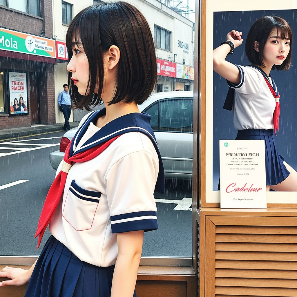 Perfect composition, Proper placement, Golden Ratio, masterpiece,  best quality,  high definition ,  one Japanese woman,  Beautiful Japanese Woman , standing:1.331,  Wearing a Japanese High School Sailor Suit:1.331,  Anatomically Correct Ratio :1.331,  has a small head :1.331, Slender body:1.331,  thin waist:1.331, Thin limbs:1.331,  flat chest:1.331, Brown Hair,  long hair,  hair that flutters like, Summer daytime, Background with magazine scraps, photos, and postcards, Light and Shadow, Movie Lighting, 