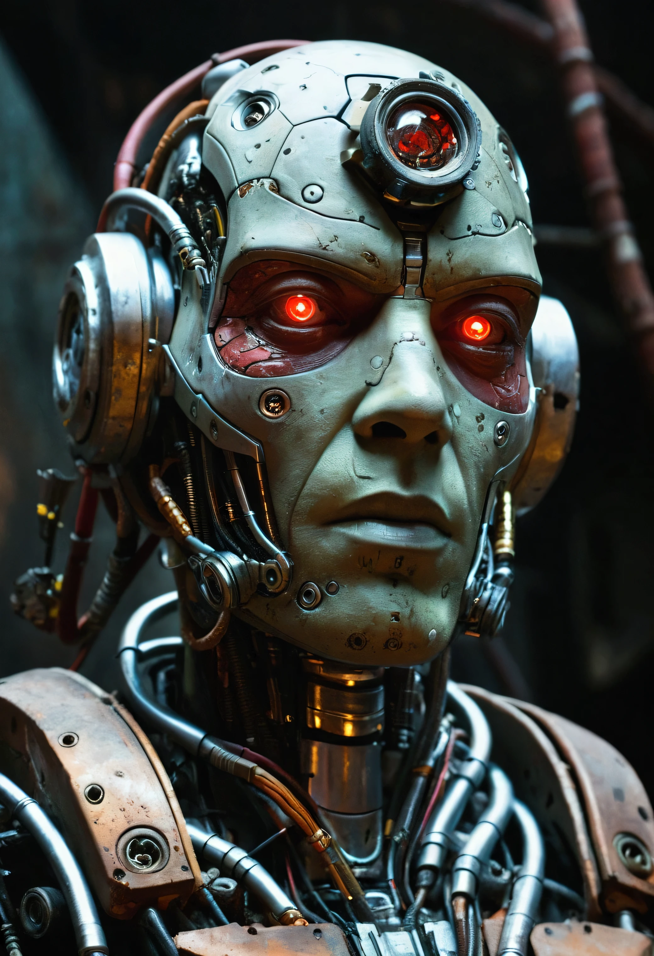 Create a highly realistic and detailed scene showing a cyborg with aged human features lying in a dark junkyard. The cyborg's face is partially covered by human skin, aged and cracked, revealing metallic and mechanical parts underneath. Its eyes glow intensely red, illuminating the surrounding environment. He is surrounded by scrap parts, cables and rusty debris. The atmosphere is dark, with a slight greenish tone of fog, creating a post-apocalyptic atmosphere. The bottom is full of debris and old technological components. The lighting should be dramatic, with a soft focus on the details of the cyborg's face and its mechanical parts, simulating a cinematic effect with high contrast. Capture the detailed texture of skin and metallic elements, as if photographed by a DSLR camera with a blurred background, using depth of field to highlight the character.
Ultra-realistic, post-apocalyptic, cinematic Resolution: 1024x1792, capture close-up details, Cold, dramatic light, with high contrast to highlight textures.
Focus: Depth of field to isolate the character from the environment