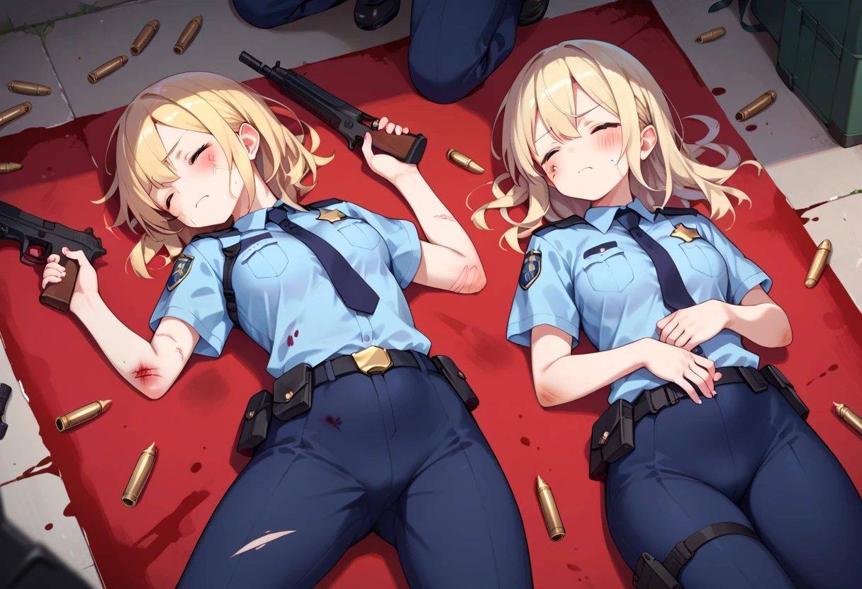 Anime, 3 girls, medium breast, blonde, police, blue tight miniskirt , masterpiece,  gun, battle scene,  bullet hole, wounded, laying down, blood, closed eyes, weak expression,  from above, aligned in a row