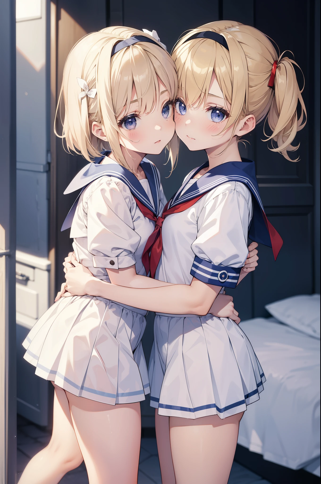 There are two girls. kissing each other, loving each other, One is tiny girl, with blonde bob hair, bright eyes, and a hair accessory, Underwear with white ruffles. sailor suit, She has an innocent and petite appearance, radiating cuteness.
all-fours、doggy style
On the other hand, the other girl is  in underwear with white ruffles. sailor suit,rolling up another girl's skirts