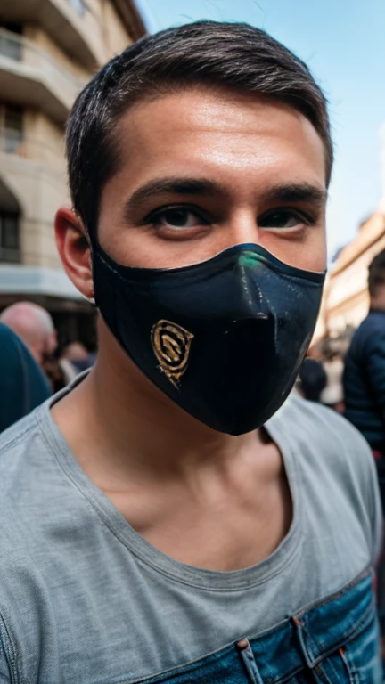 Portrait of a boy,  Wearing a super high resolution black , black mask,  brown eyes,  looking at the spectator , rebel, 1 boy, pale skin,  short hair, jeans, regatta