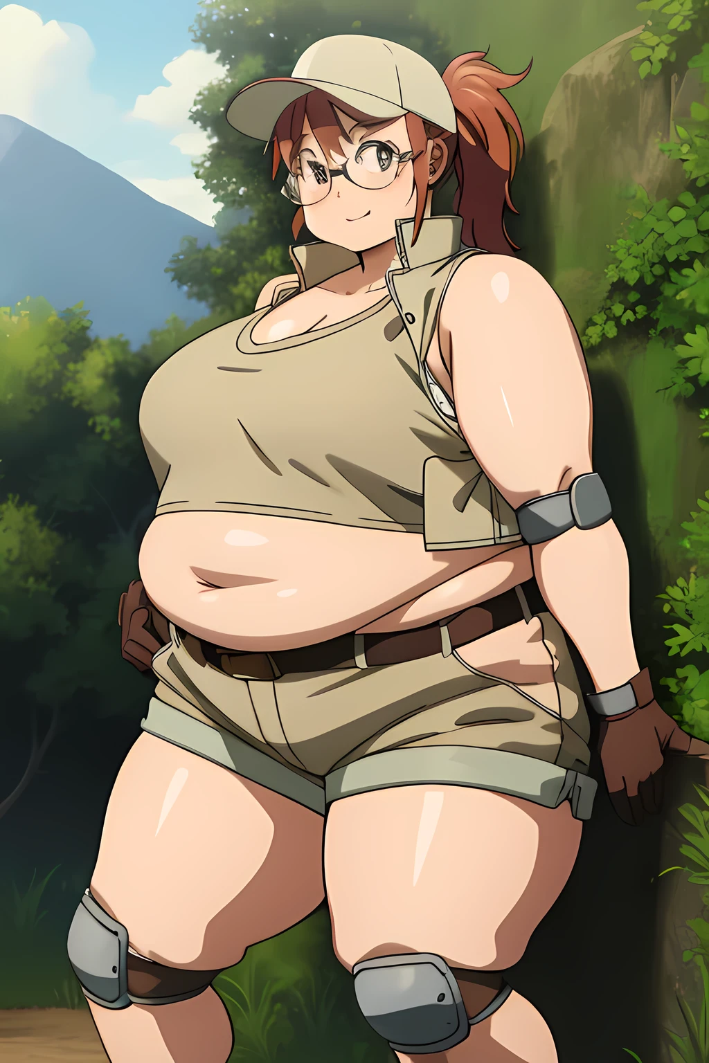 (masterpiece, best quality:1.2),illustration,8k,hd,1girl,solo,upper body,(portrait:1.2),large breasts,round eyewear,hat,crop top,midriff,gloves,navel,baseball cap,knee pads,short shorts,ponytail,boots,brown eyes,brown shorts,belt,smile, pack,brown headwear,red hair,hip vent,tank top,long hair,vest,huge breasts, upper body,outdoors, obese, chubby, fat, belly, gigantic arms and legs, growing fatter ((glasses 1.2))