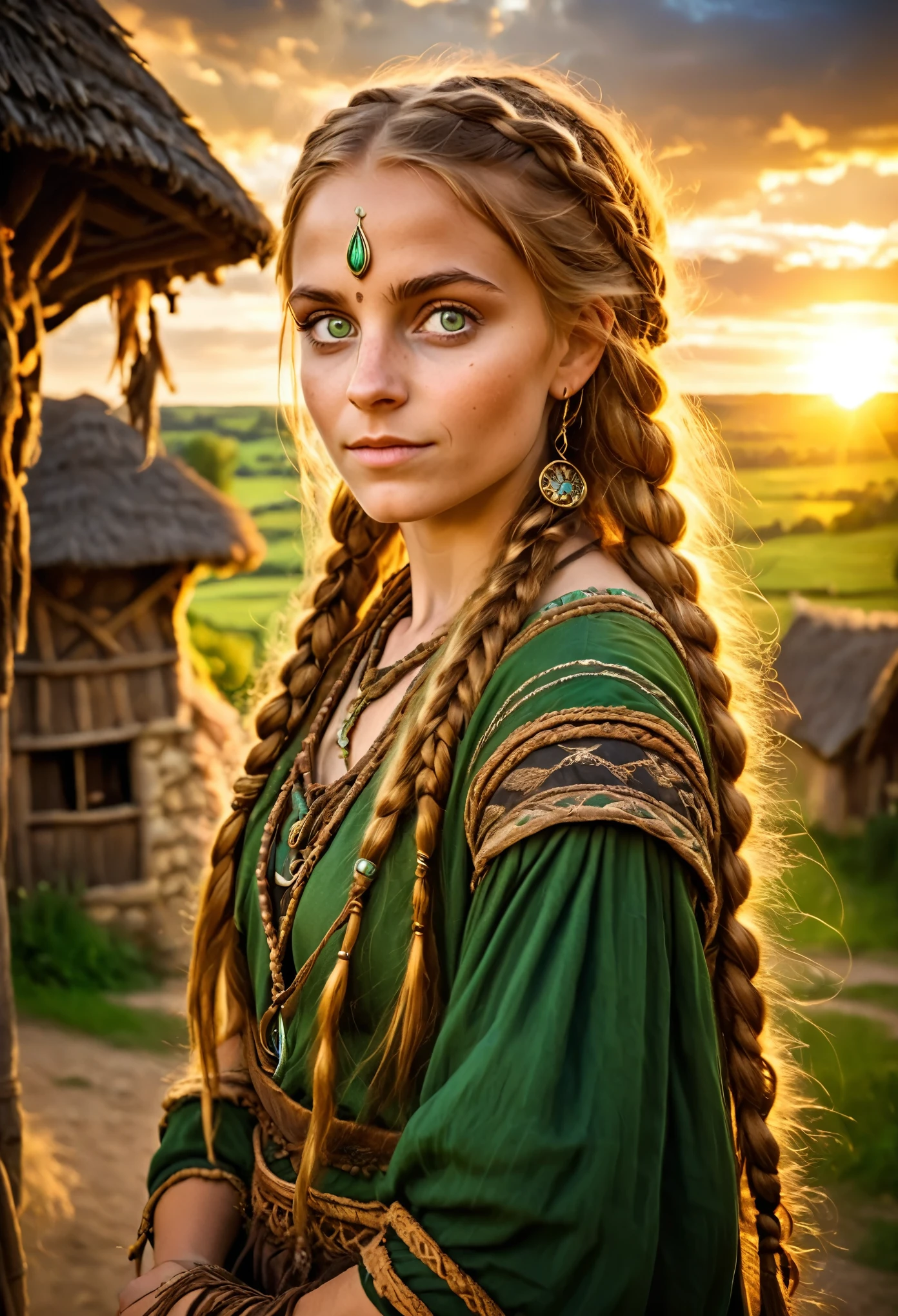 a nomad female, cute facd, wearing tribal clothes, in a medieval village, long braided honey hair, big round green eyes, magical atmosphere, warm lighting, mediwval fantasy style, sunset,  skyscape with clouds 