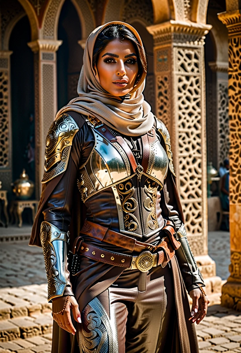 Full body from head to toe, (8k:1.27), Better quality, masterpiece, ultra highres:1.2) Foto de Persian woman (beautiful:1.1) (post apocalyptic warrior woman:1.1) wearing hijab, apocalyptic soldier, (leather jacket:1.21) intricate elegant, Fantasy, detailed, Ometric by Greg Rutkowski and Alphonse Mocha, gradient lighting, silver suit
