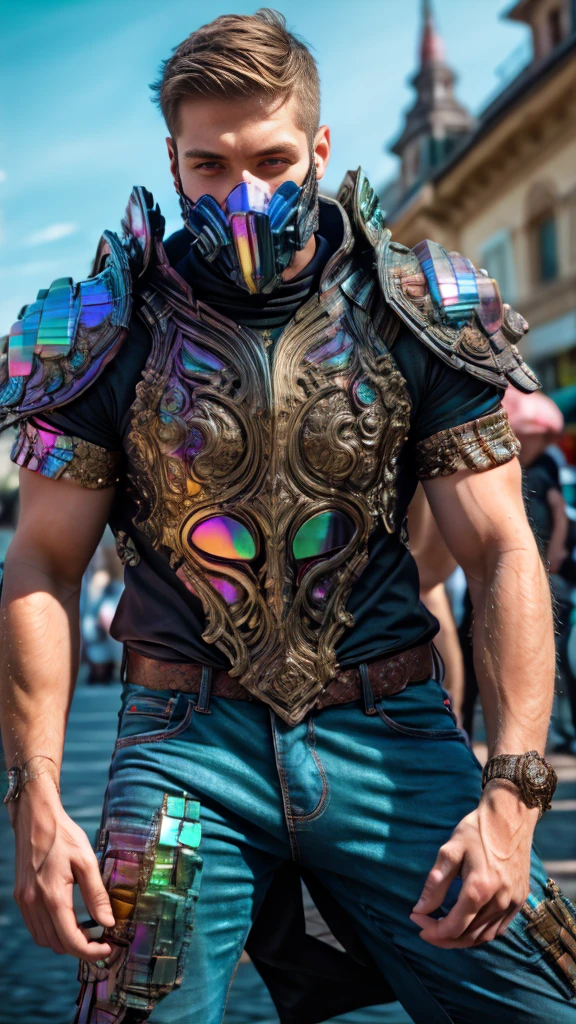 Portrait of a boy,  Wearing a super high resolution black , iridescent mask,  clear eyes,  looking at the spectator , rebel, 1 boy, pale skin,  short hair, jeans, regatta