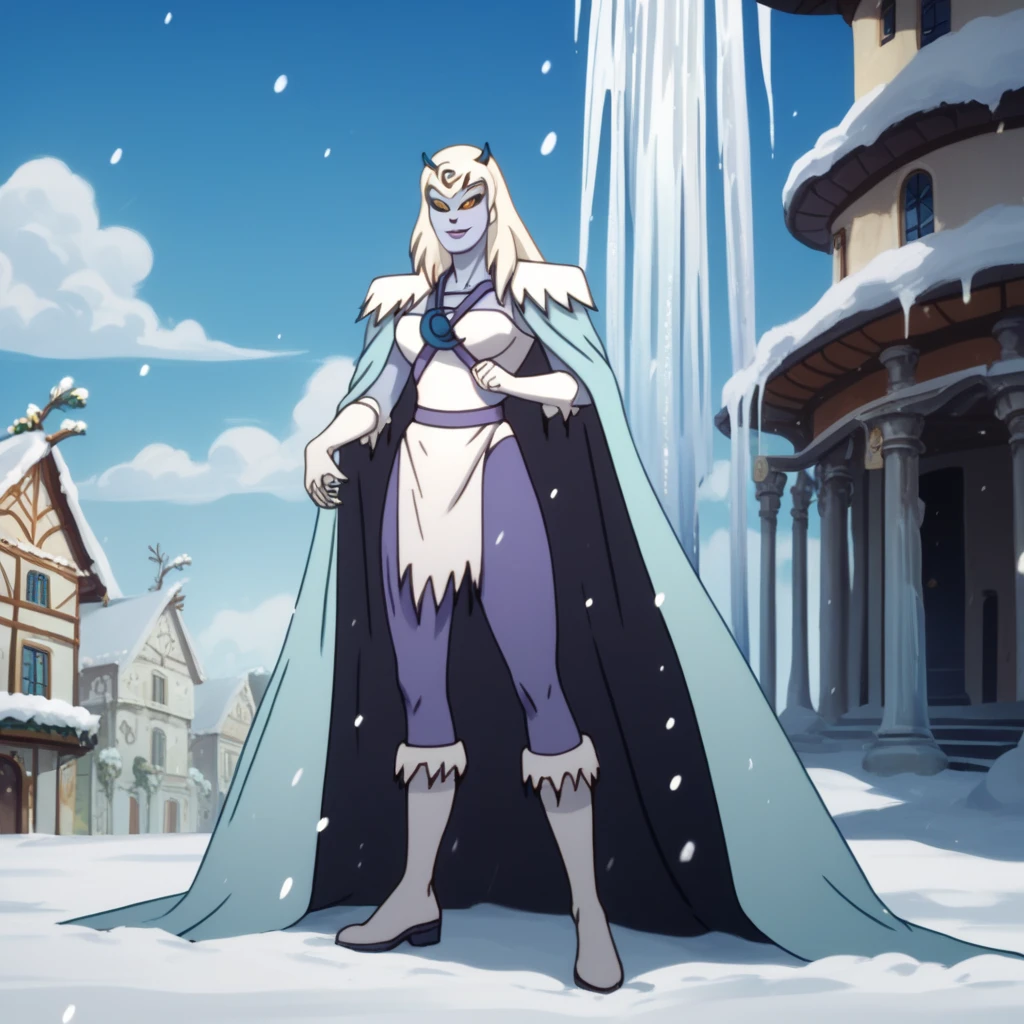 score_9, score_8_up, score_7_up, score_6_up, score_5_up, score_4_up, chilla, thundercats, icicles, standing, cape, smile, colored skin, white hair, long hair, solo, snow, city, black sclera, yellow eyes,  score_9, source_anime, Masterpiece, High Resolution, Best Quality, 