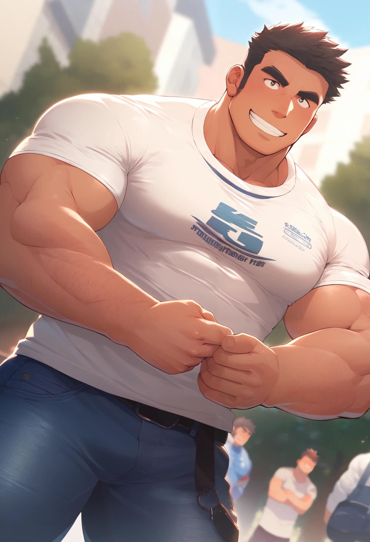 Masterpiece, Best quality, Male, Short hair, Muscular, Beefy, Thick eyebrows, Hairy, Smiling face, Meeting for date, Casual shirt, Denim jeans, Casual bag、太め