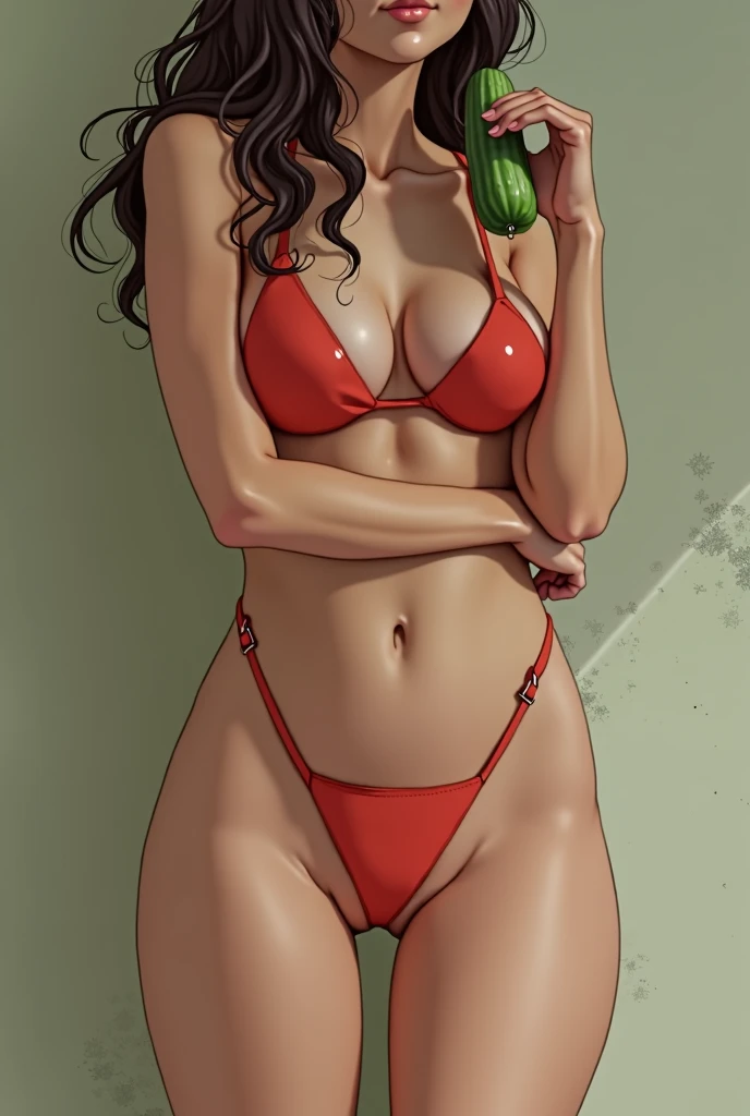 ((masterpiece)), ((Ultra high-definition)), ((RAW phot)), (slightly realistic), anime, Japanese girl, full body, wearing a red bikini, standing, long eyelashes, big smile, small nose, medium hair, black hair, facing forward, looking at the camera, highly detailed and cleanly rendered, BREAK simple green background