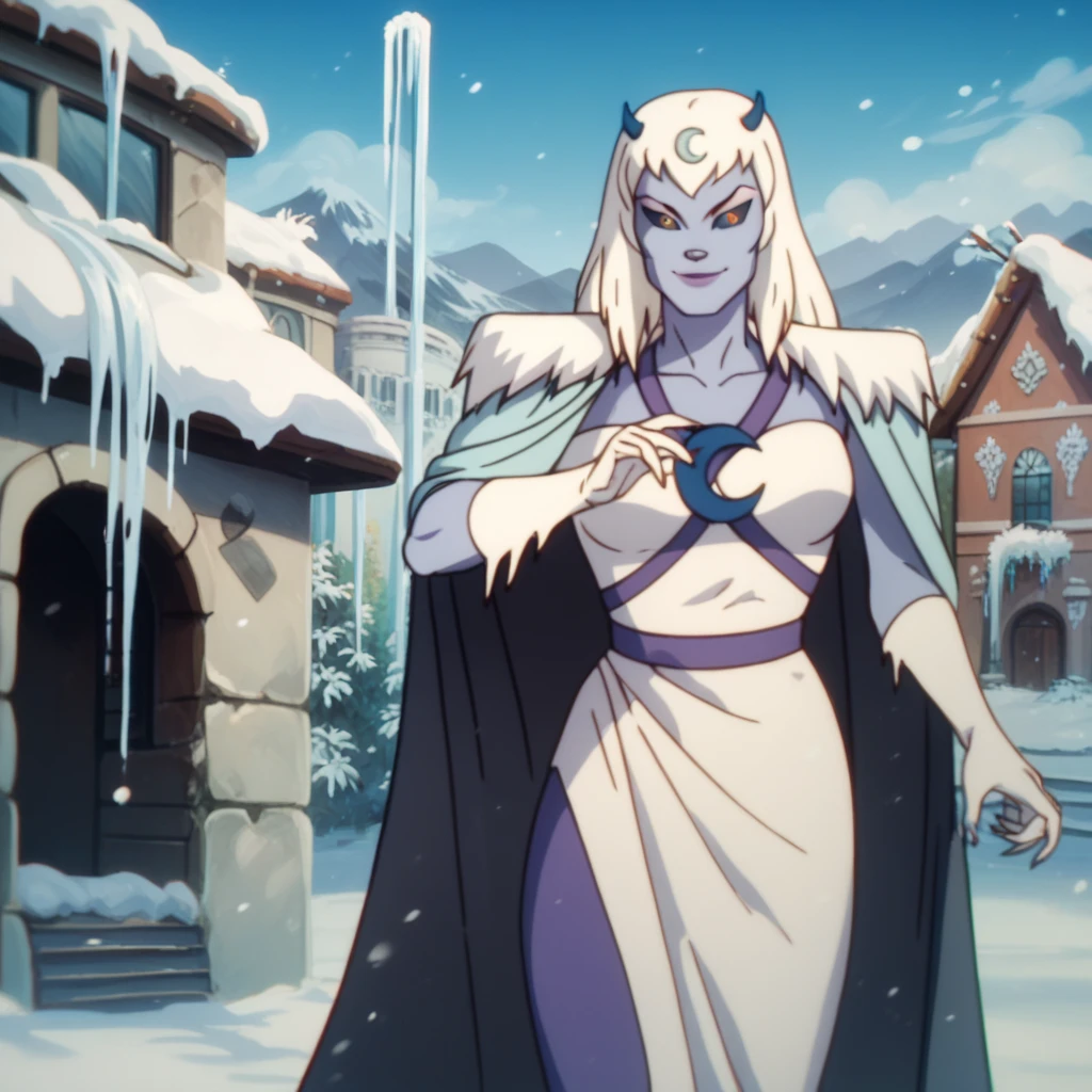 chilla, thundercats, icicles, standing, cape, smile, colored skin, white hair, long hair, solo, snow, city, black sclera, cape covered the whole body, yellow eyes, Masterpiece, High Resolution, Best Quality, 