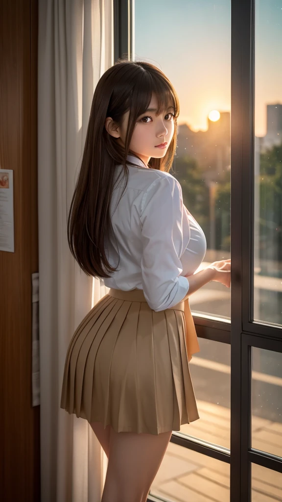 top-quality,ultra - detailed,tmasterpiece,hentail realism,Photorare,Bright lighting,1 girl in, Camera color temperature 3800k、an extremely beautiful -yeld gi (kawaii:1.6),Thin smile, (Brown eyes),(dark brown hair),(By bangs),perfect glossy shiny skins,flawless skin,((erotick,Sexy and sexually explicit)),((Exact pointers，No discomfort)), large full breasts,big breasts thin waist, looking at viewert,((Long sleeve maid clothes)),((white apron with lace and frills)),(Ribbon Ties),((tuck fabric mini skirt)),(((Neat and clean clothing))),(Leaning against the window),lace and black panties,abnormally large breasts,((Stand with your feet together)), （Black socks),(Loafer shoes), In the daytime,Station platform、stand through the window、Facing backwards、(((Raise your skirt with both hands and stick out your butt.)))、